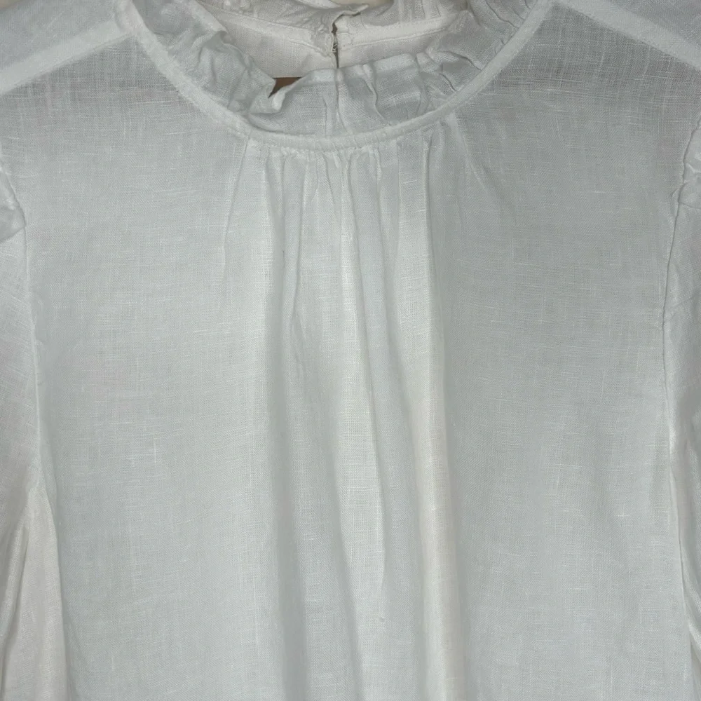 J Crew White Crisp Linen Blouse Size M High Ruffled Neck and Sleeves Romantic - Picture 2 of 8